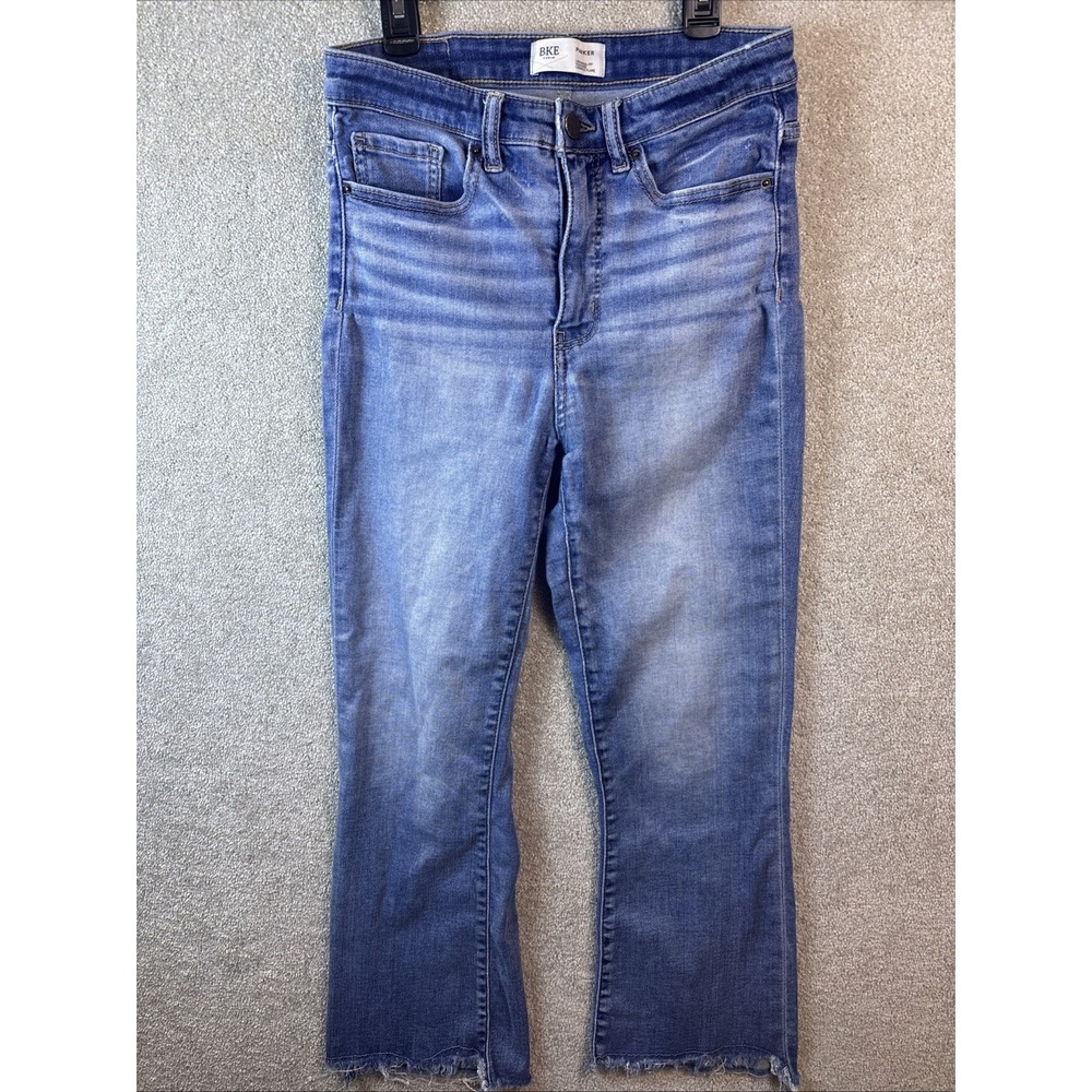 BKE Parker Cropped Flare Jeans Womens 26x25 Blue High Rise Raw Hem Distressed - Picture 2 of 10